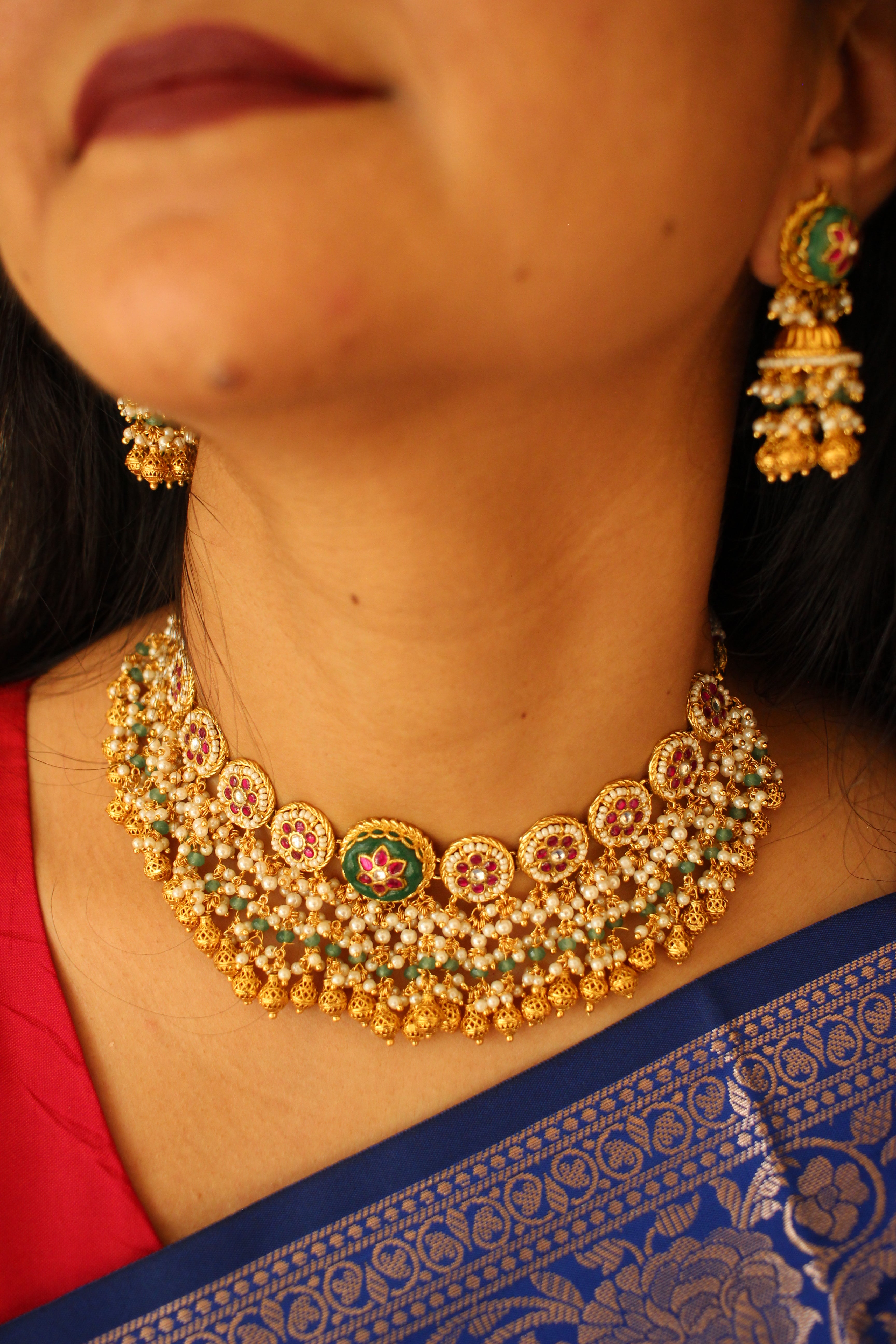Meenal Jadau Kundan Emerald Necklace Set