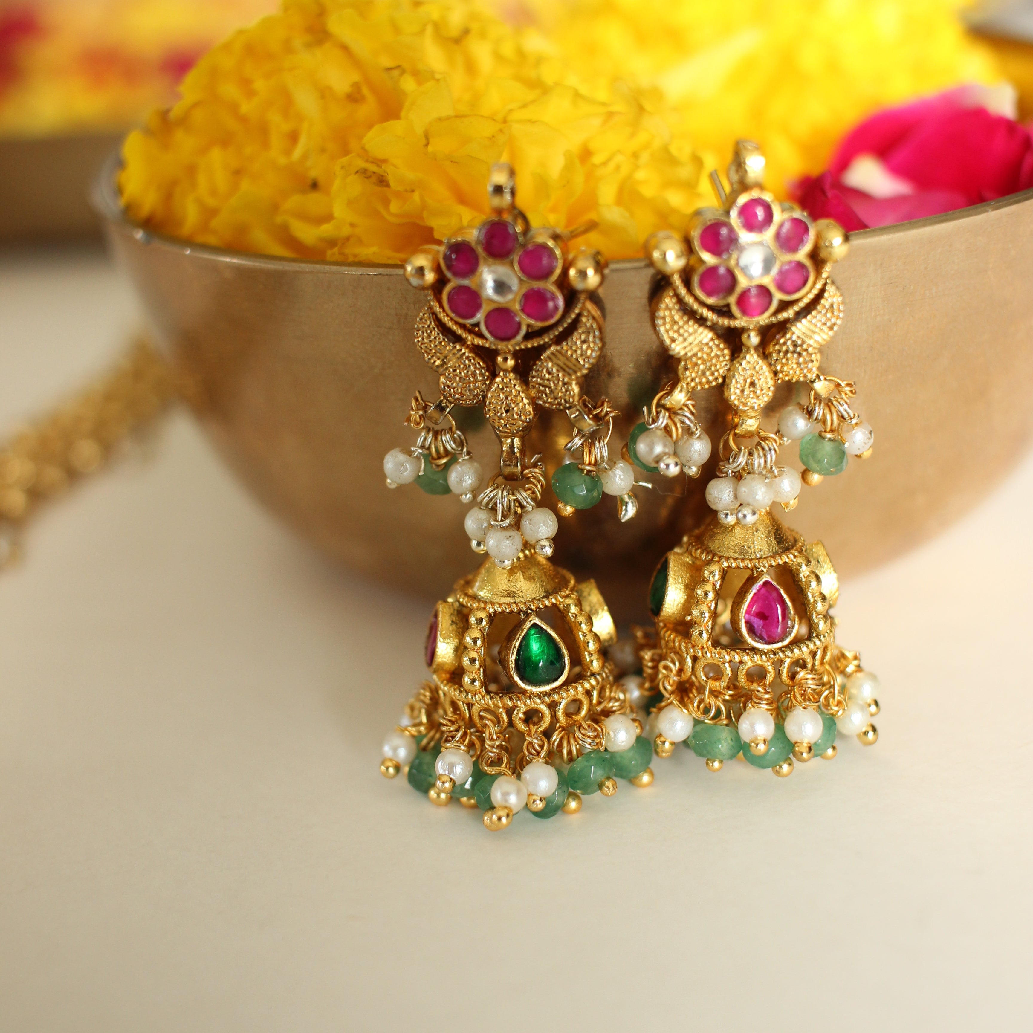 Long Antique Gold Mala Set | Ruby-Emerald Kundan Pendant Necklace & Jhumka Earrings