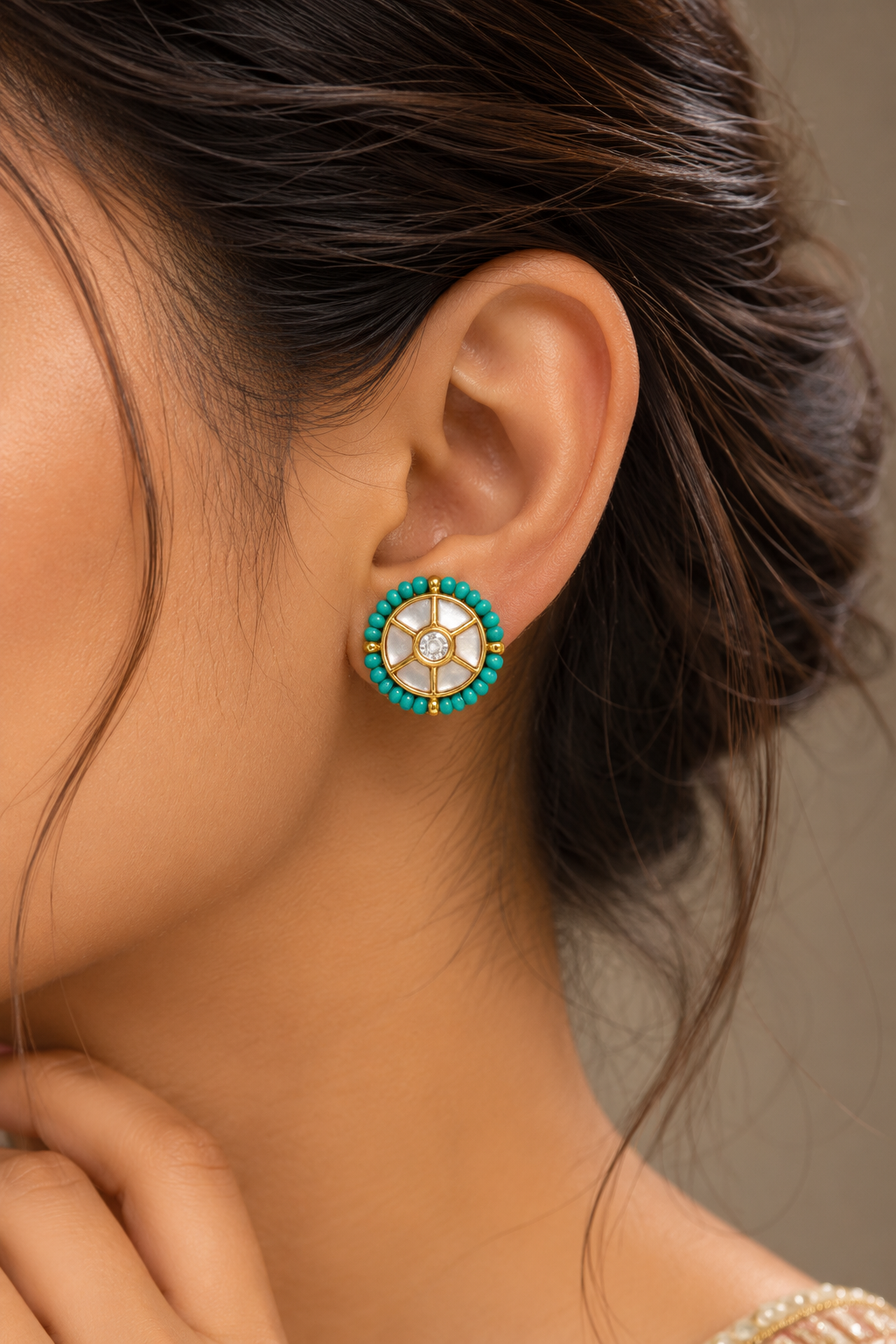 Firoza and Mother of Pearl Studs | Round Gold Wheel Studs with Bead Border