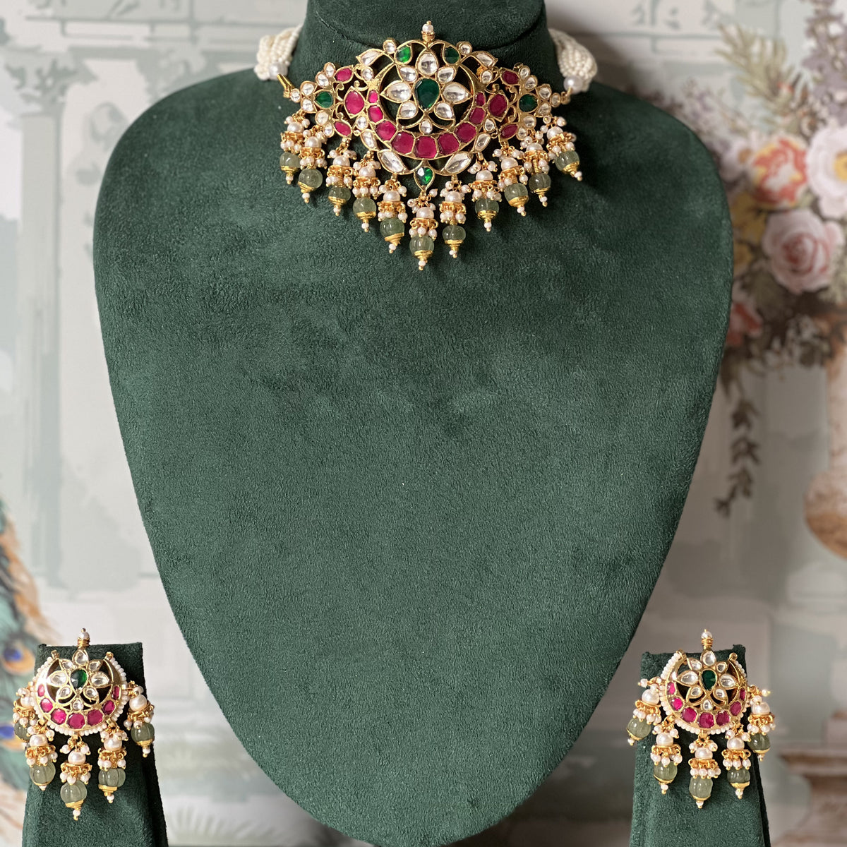 Ruby & Green Jadau Kundan Choker Set | Crescent Pendant & Chandbalis