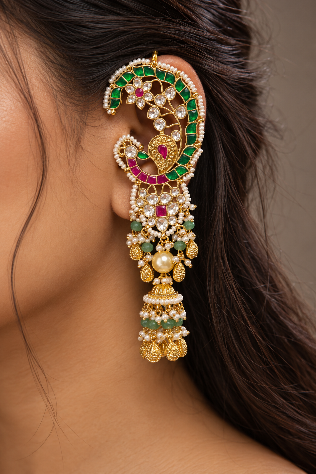 Green and Pink Kundan Peacock Ear Cuff | Gold Ear Climber with Jhumka Drop