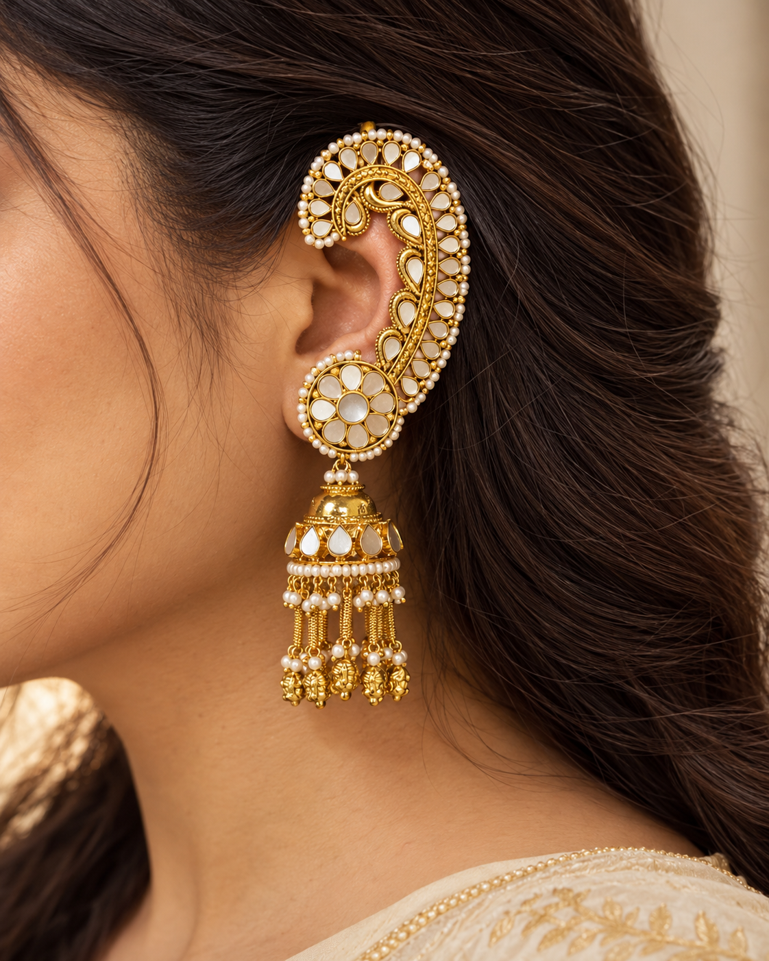 Antique Gold Kundan Ear Cuff with Pearl Detailing & Jhumka Drops