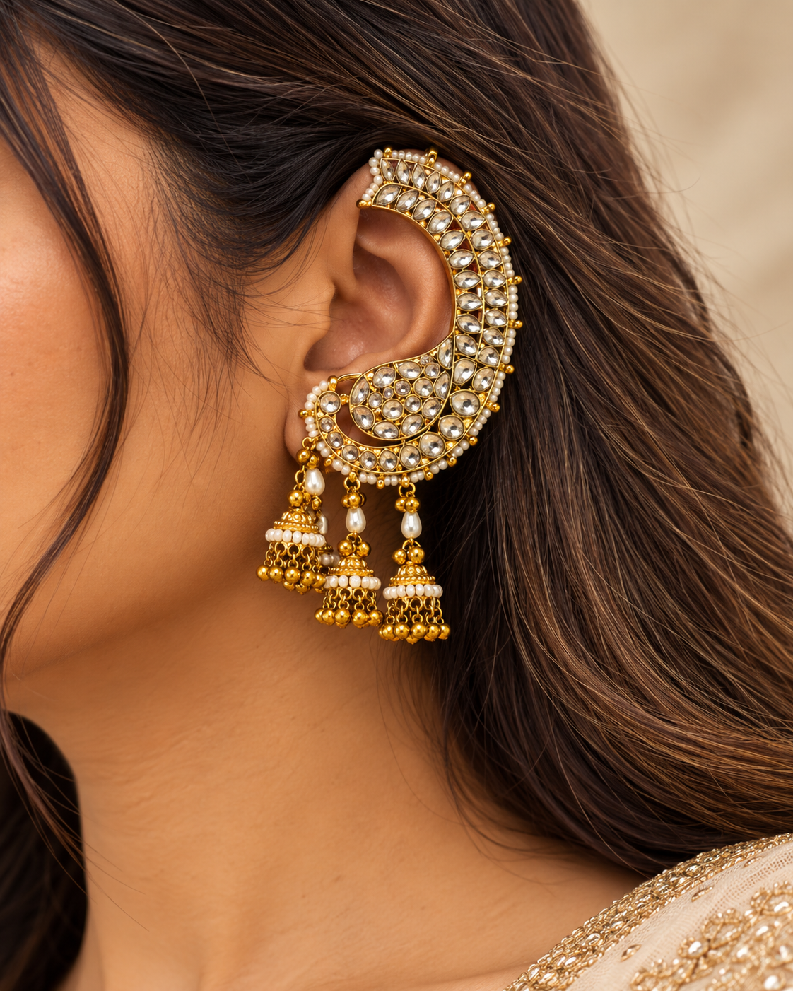 White Kundan Peacock Ear Cuff | Gold Ear Climber with Triple Jhumka Drops