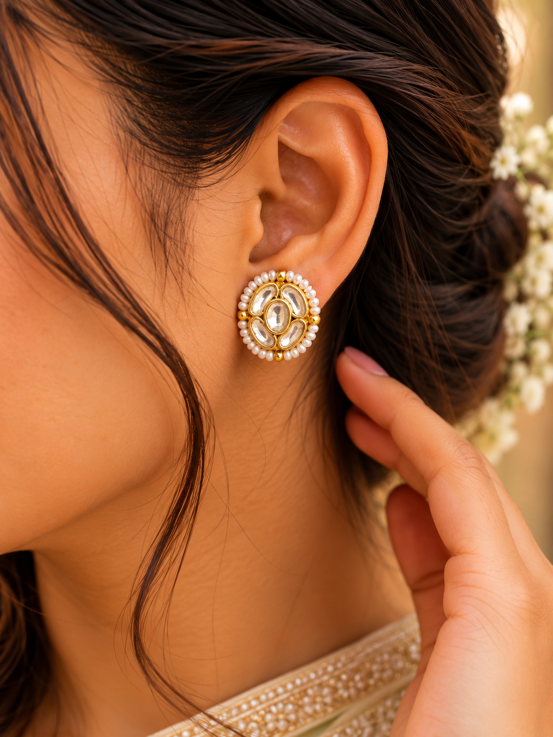 White Kundan Oval Studs | Gold Petal Studs with Seed Pearl Border