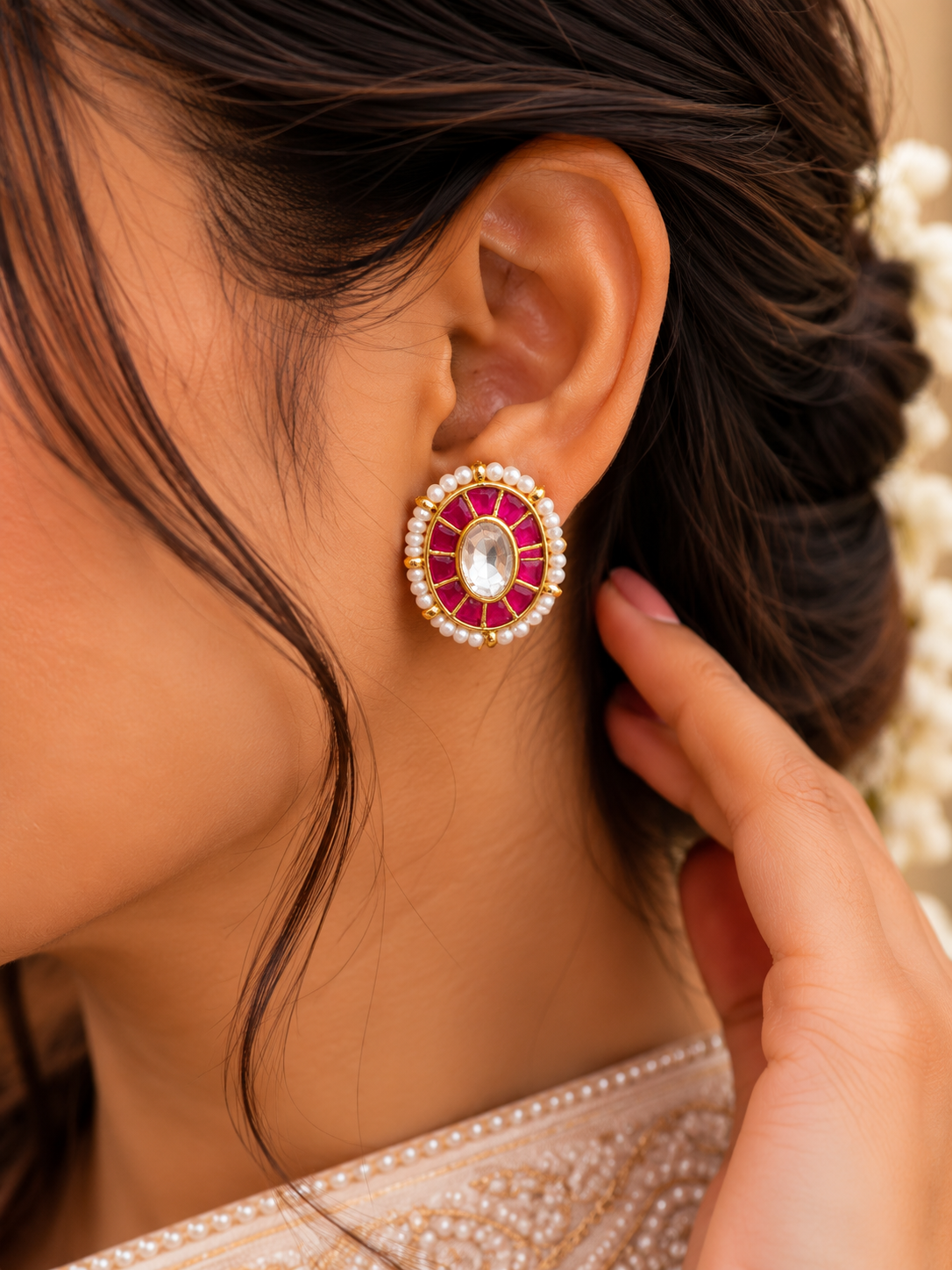 Rani Pink Jadau Kundan Oval Studs | Gold Studs with Clear Centre and Pearl Border