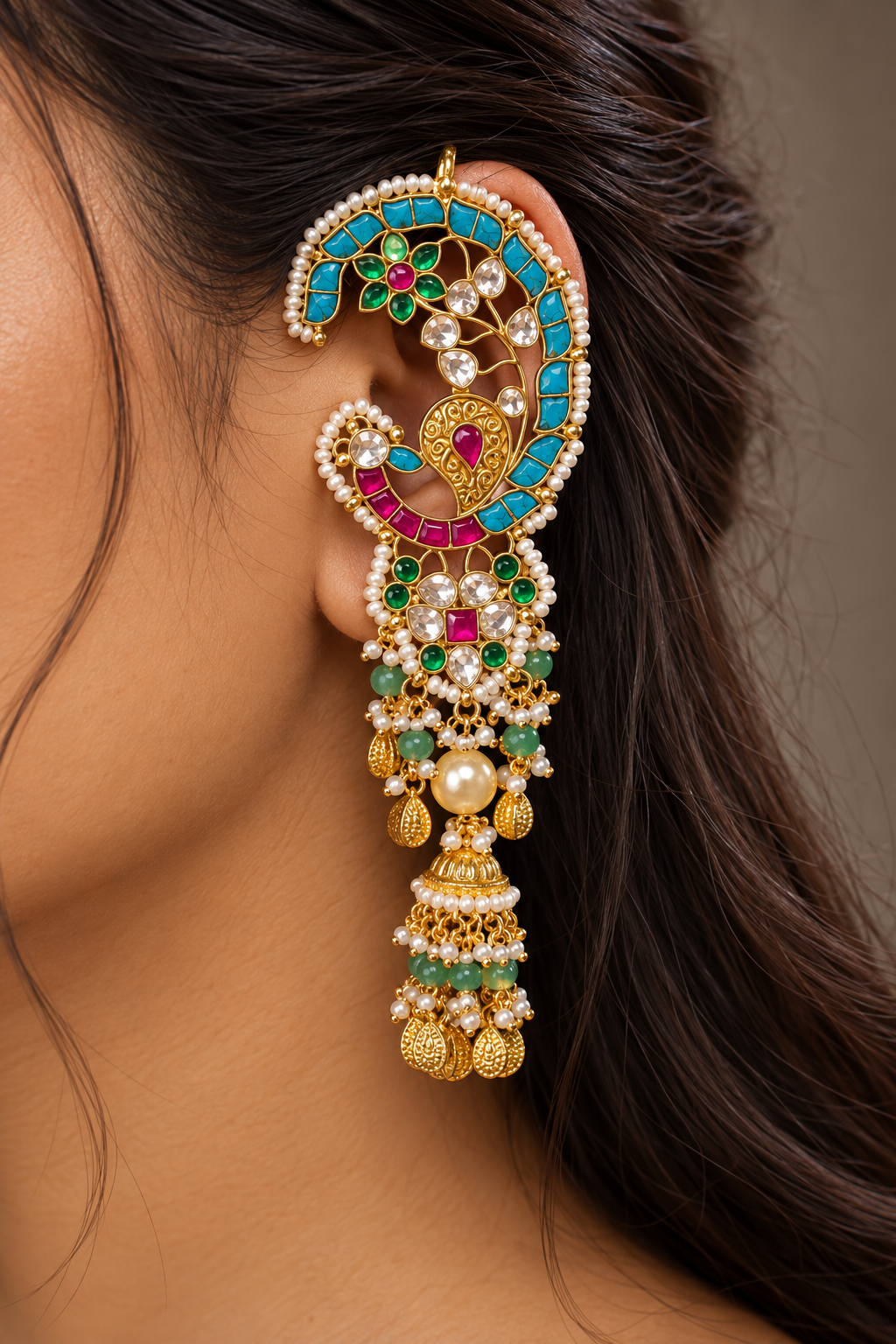Firoza and Pink Kundan Peacock Ear Cuff | Gold Ear Climber with Jhumka Drop