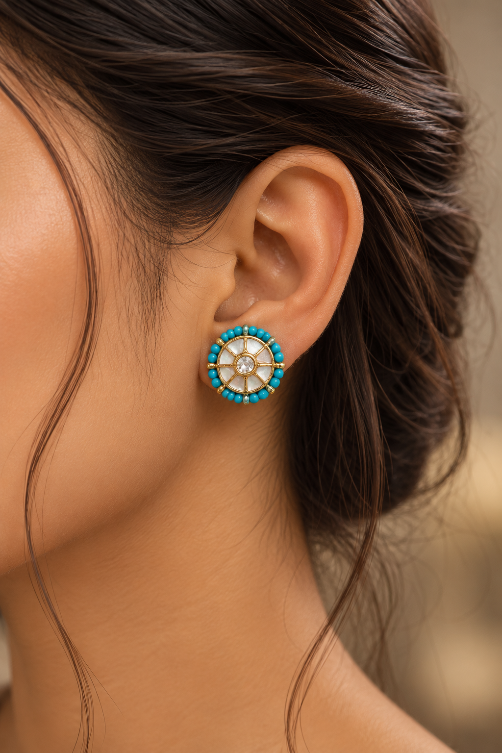 Firoza and Mother of Pearl Mini Studs | Small Round Gold Wheel Studs