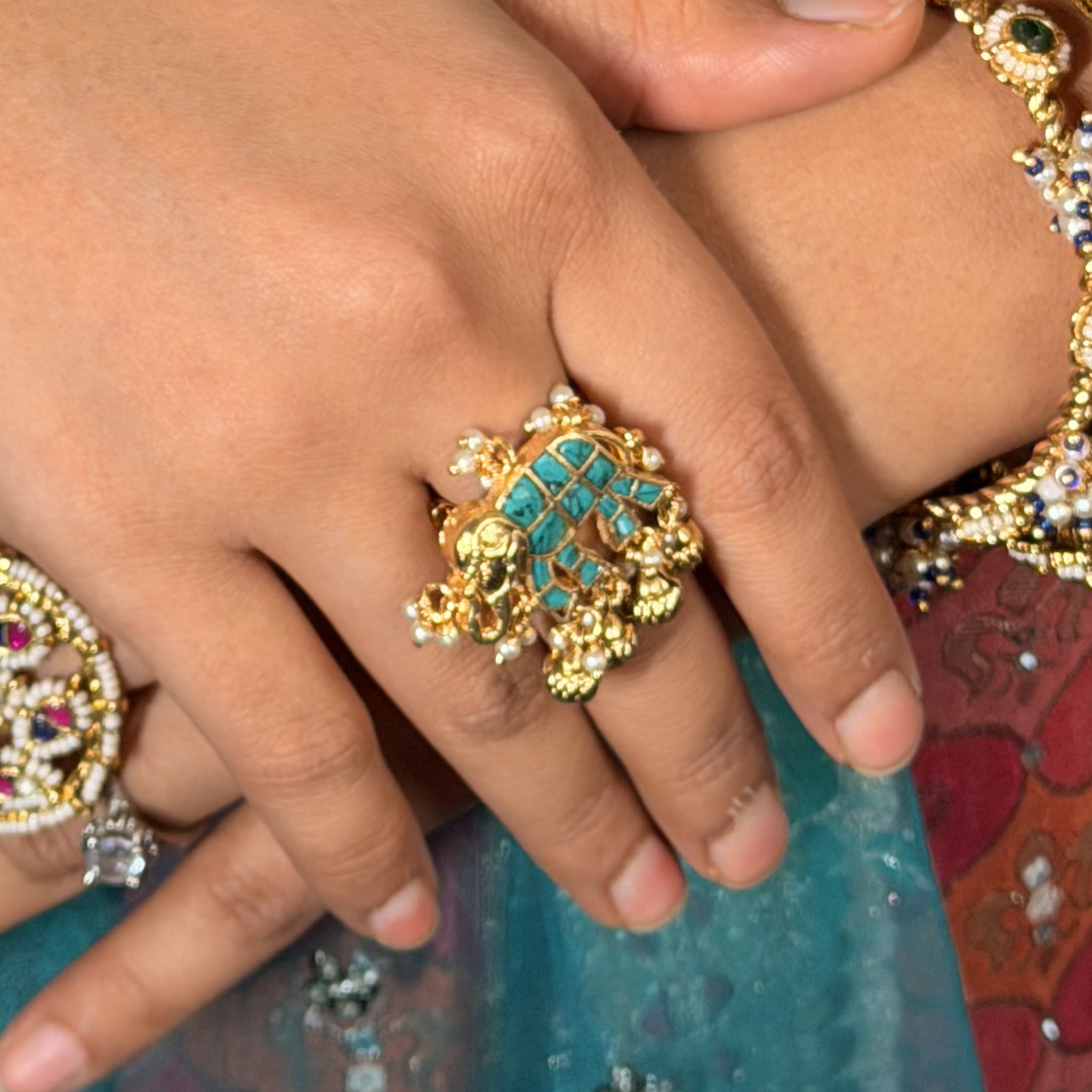 Gold Elephant Ring | Jadau Inlay with Seed Pearl Fringe