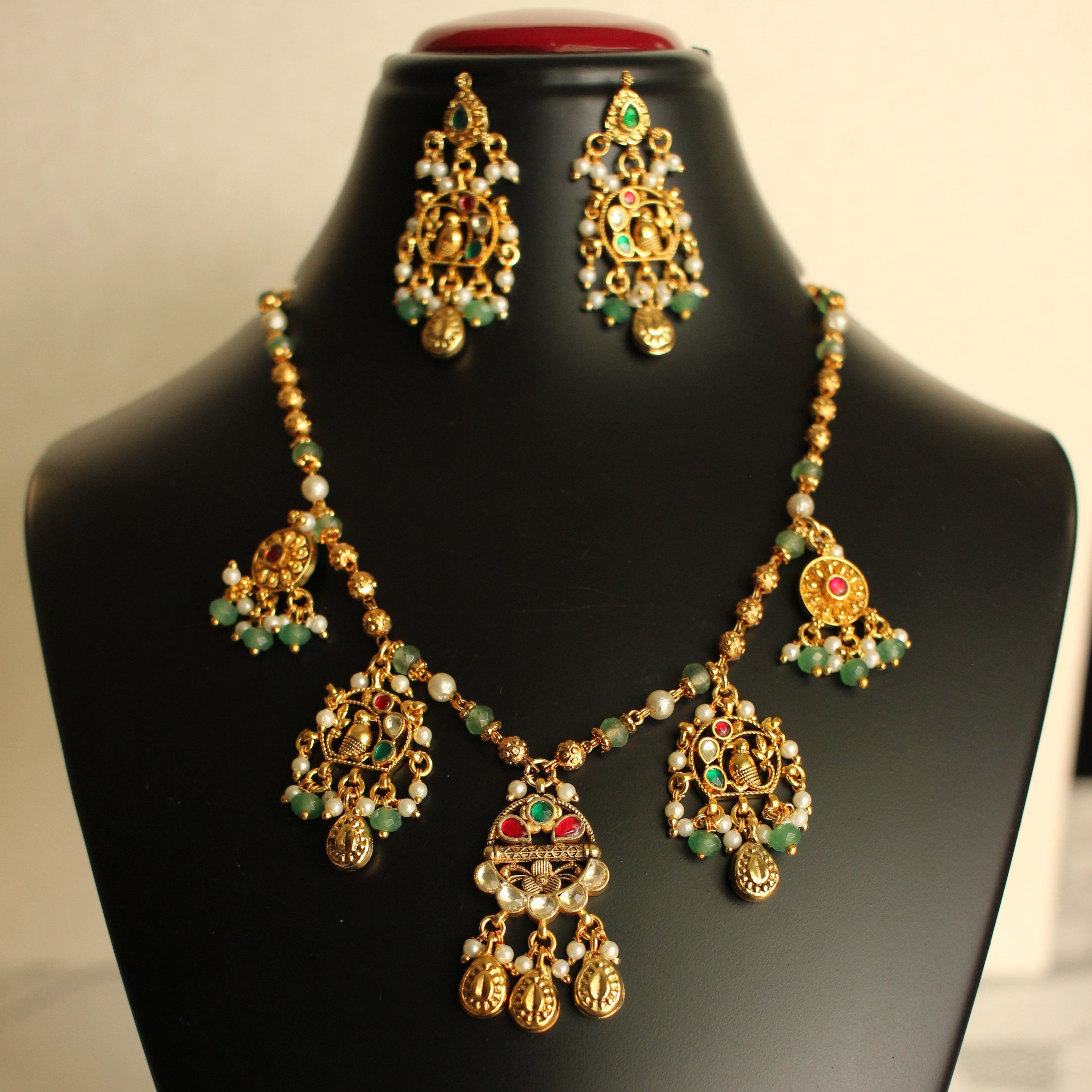 Vasundhara Heritage Necklace Set — Mint Jade, Ruby & Pearl Chandelier
