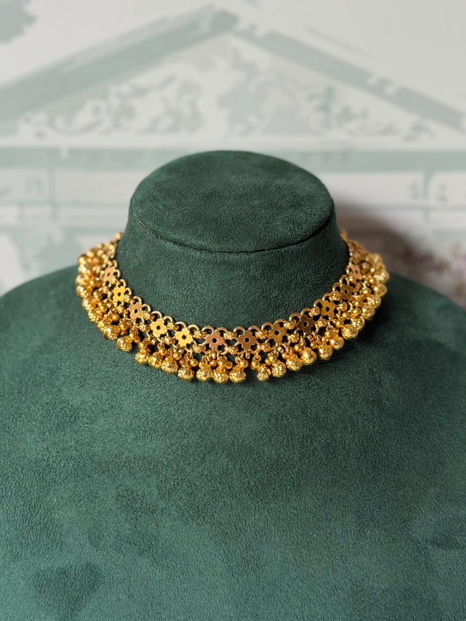 Antique Gold Ghungroo Necklace Set | Floral Choker with Kundan Jhumkas