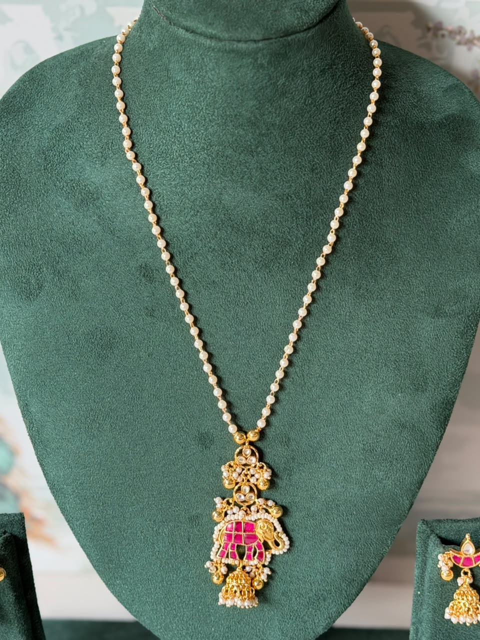 Rani Pink Kundan Elephant Pendant | Long Pearl Chain with Jhumka Drop
