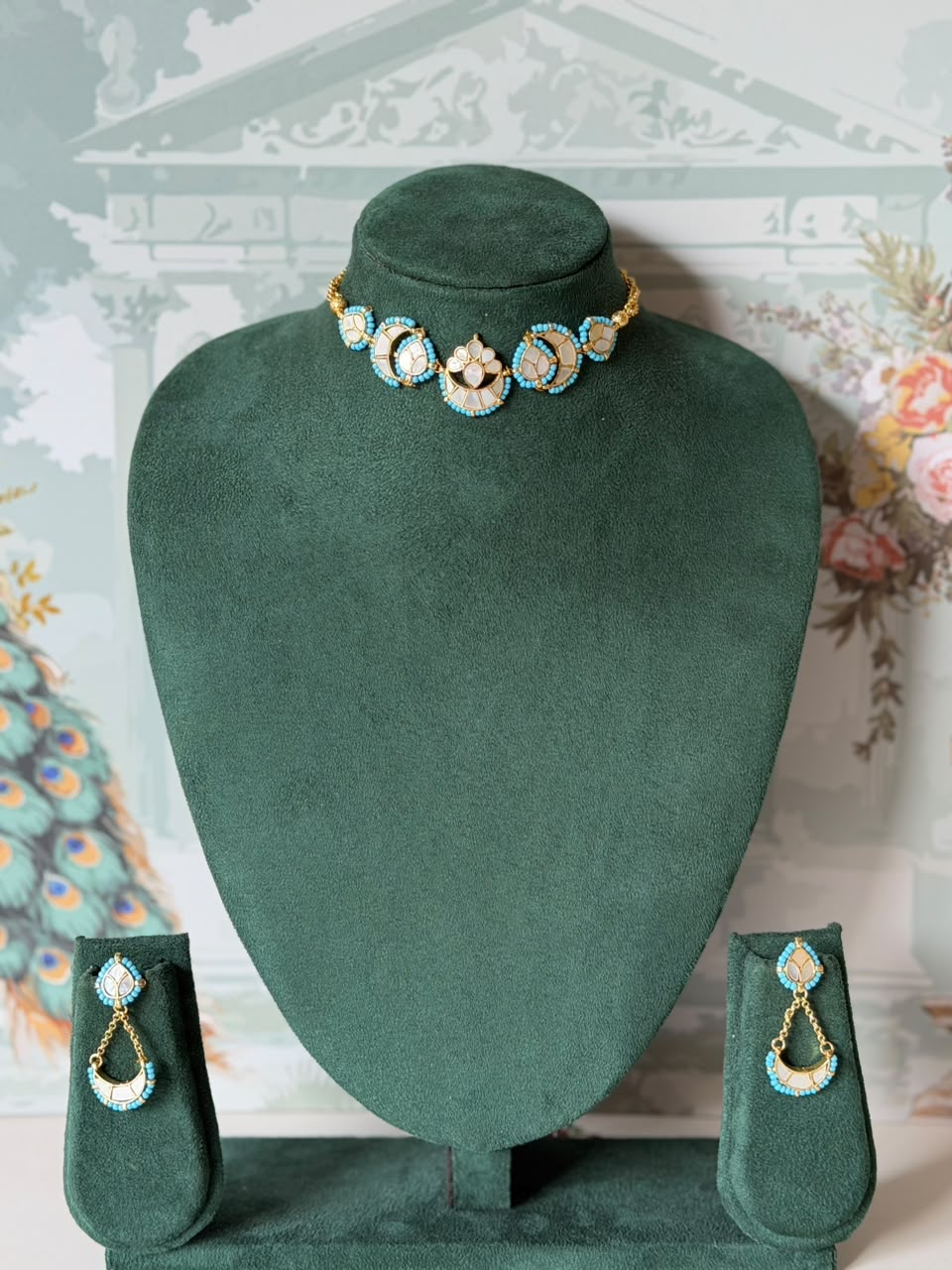 Firoza and Mother of Pearl Choker Set | Chandbali Necklace with Earrings