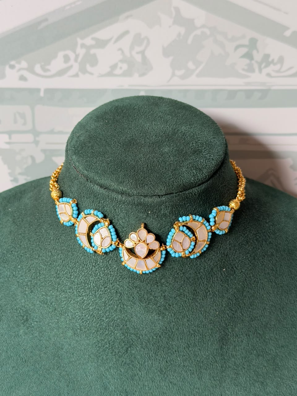 Firoza and Mother of Pearl Choker Set | Chandbali Necklace with Earrings