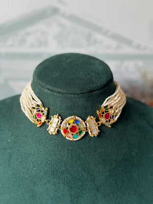 Round navratna multicolour kundan stud earrings with seed pearl border