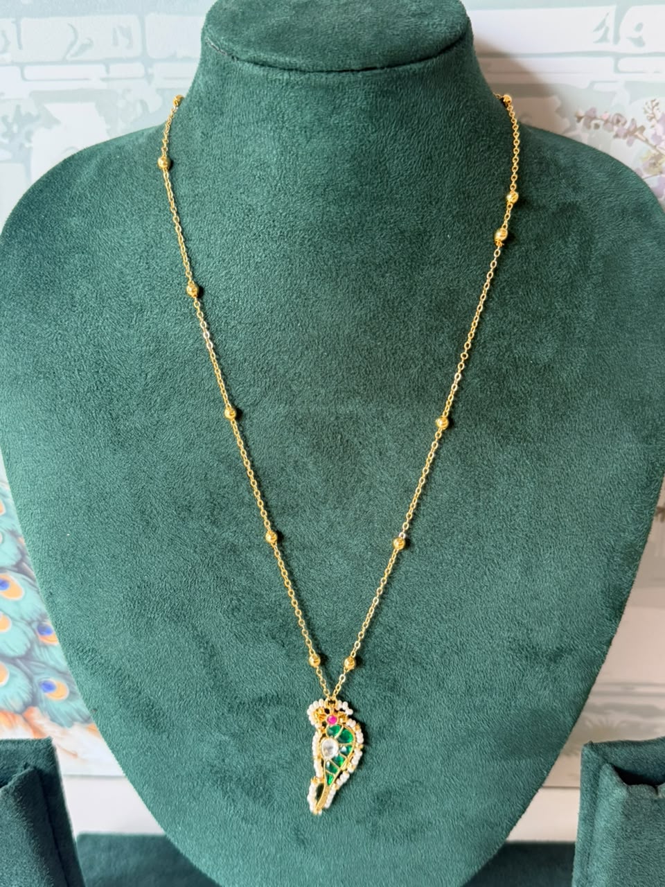 Multicolor Sparrow Jadau Pendant Gold-Tone Necklace