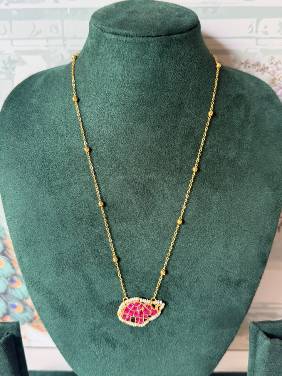 Pink Elephant Jadau Pendant Gold-Tone Necklace