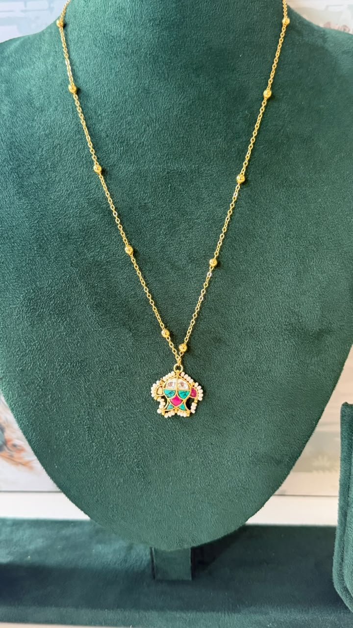 Multicolor Fish Jadau Pendant Gold-Tone Necklace