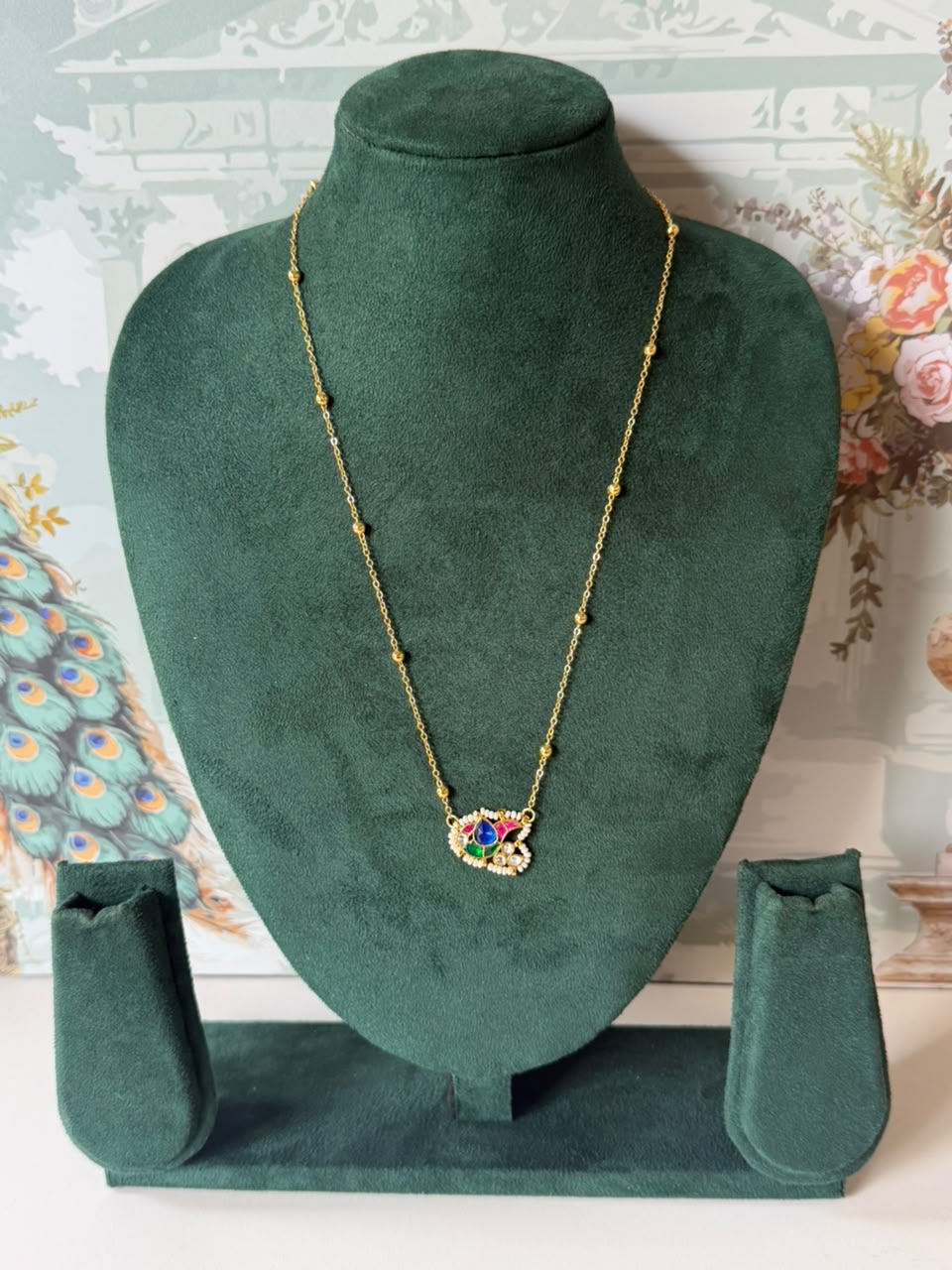 Multicolor Peacock-Inspired Jadau Pendant Necklace