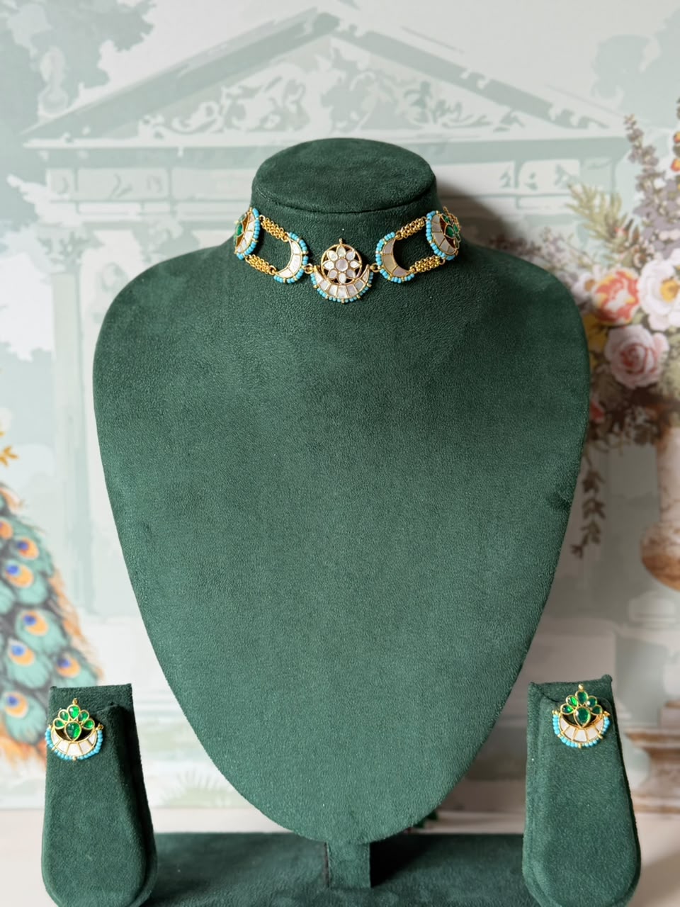 Firoza and Green Mother of Pearl Choker Set | Chandbali Choker with Studs