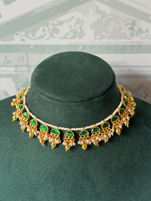 Gold half moon stone choker set on seed pearl strand with gold bead drops and matching earrings
