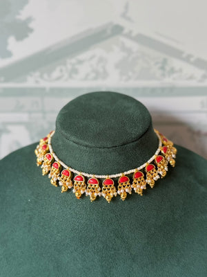 Gold half moon stone choker set on seed pearl strand with gold bead drops and matching earrings