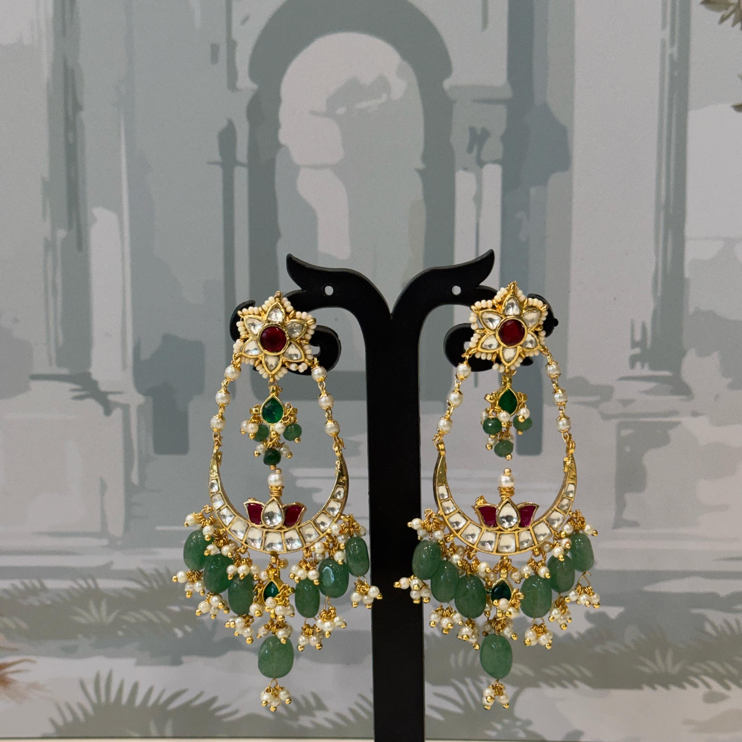 Rose Kundan Jhumka Earrings | Pearl Fringe Dome Drop Earrings