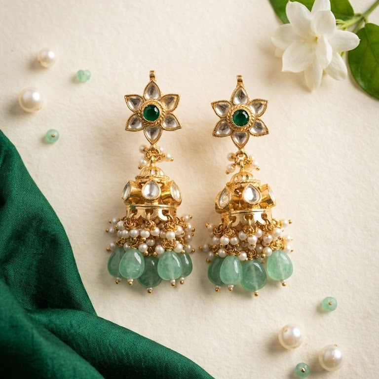 Kundan Floral Jhumka Earrings with Emerald & Pearl Drops