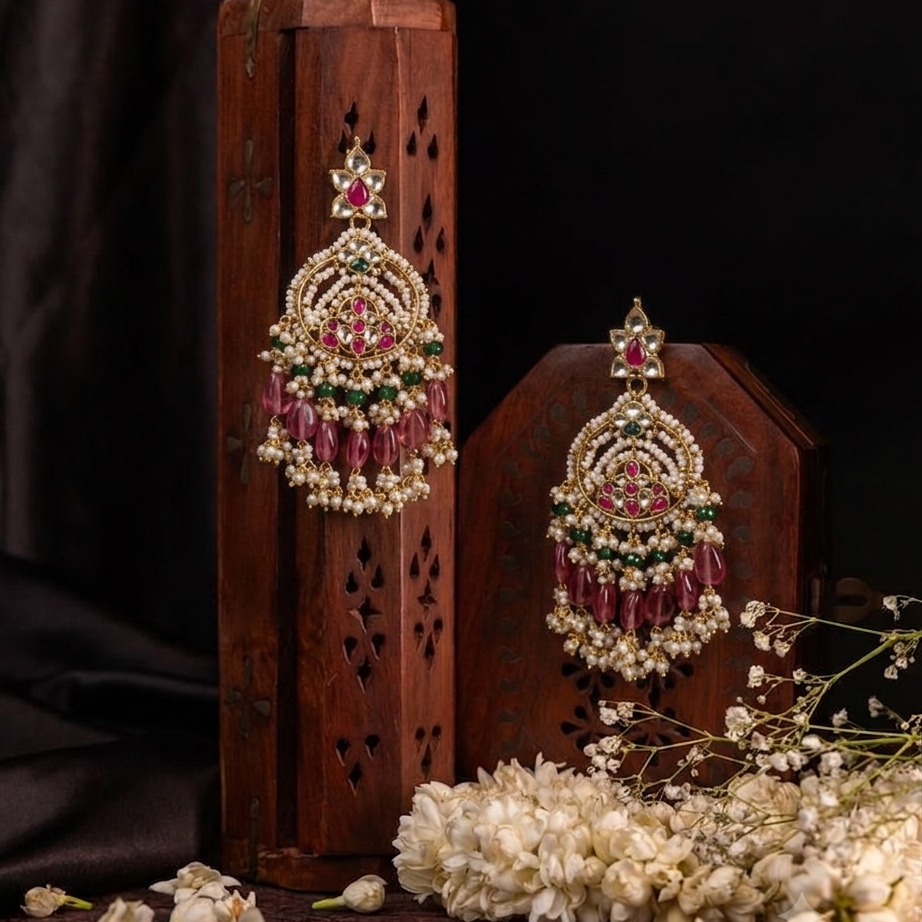 Kundan Chandbali Earrings | Pink & Green Beaded Fringe Drops