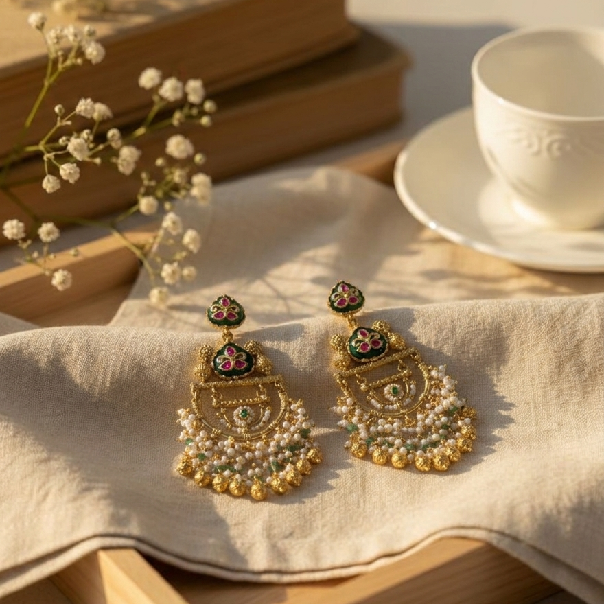 Green Meenakari Jadau Earrings | Ruby Accent Pearl Fan Drops