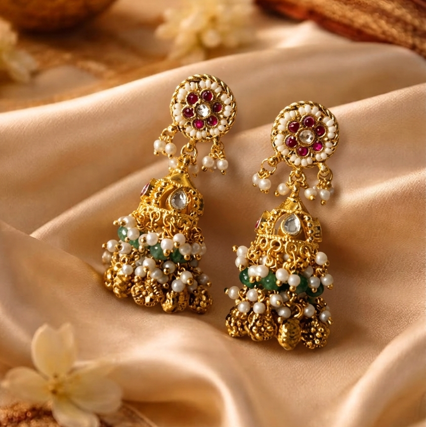 Ruby Kundan Jhumka Earrings | Pearl & Green Bead Domed Drops