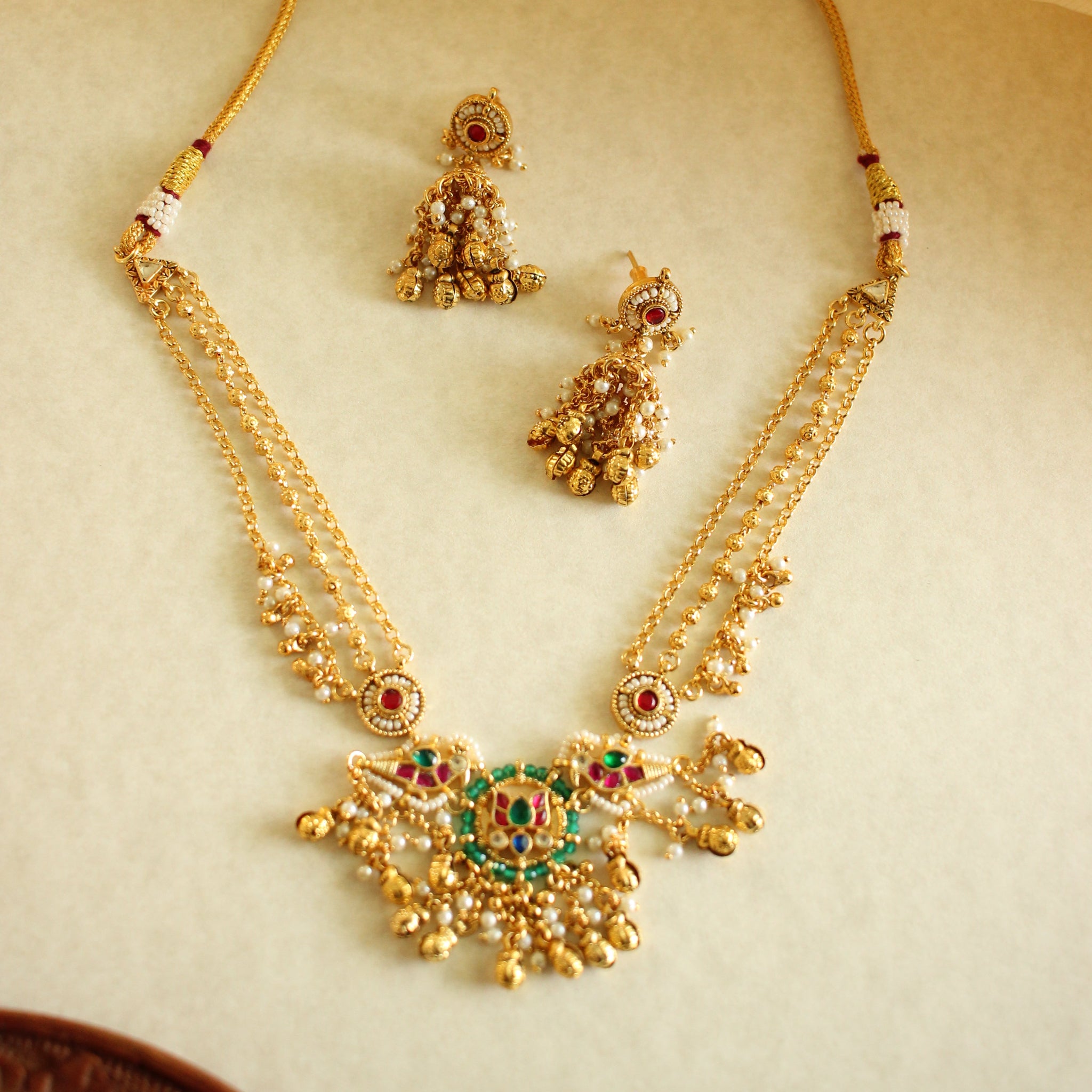 Rajwadi Gold Pearl Jhumka Necklace Set