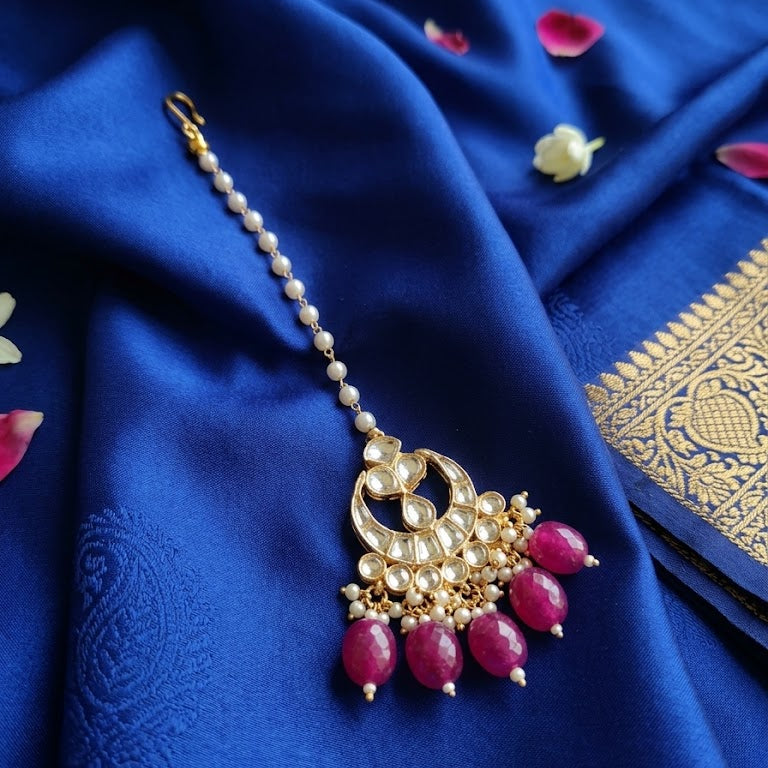 Kundan Chandbali Maang Tikka with Pink Bead Drops