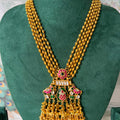 Long Antique Gold Peacock Pendant Mala Set | Ruby-Emerald Kundan Necklace & Earrings