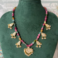 Multi-colour gemstone beaded necklace with five gold kundan teardrop drops and pearl fringe