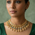 Antique Gold Floral Link Necklace Set | Emerald-Sapphire Drop Fringe Necklace