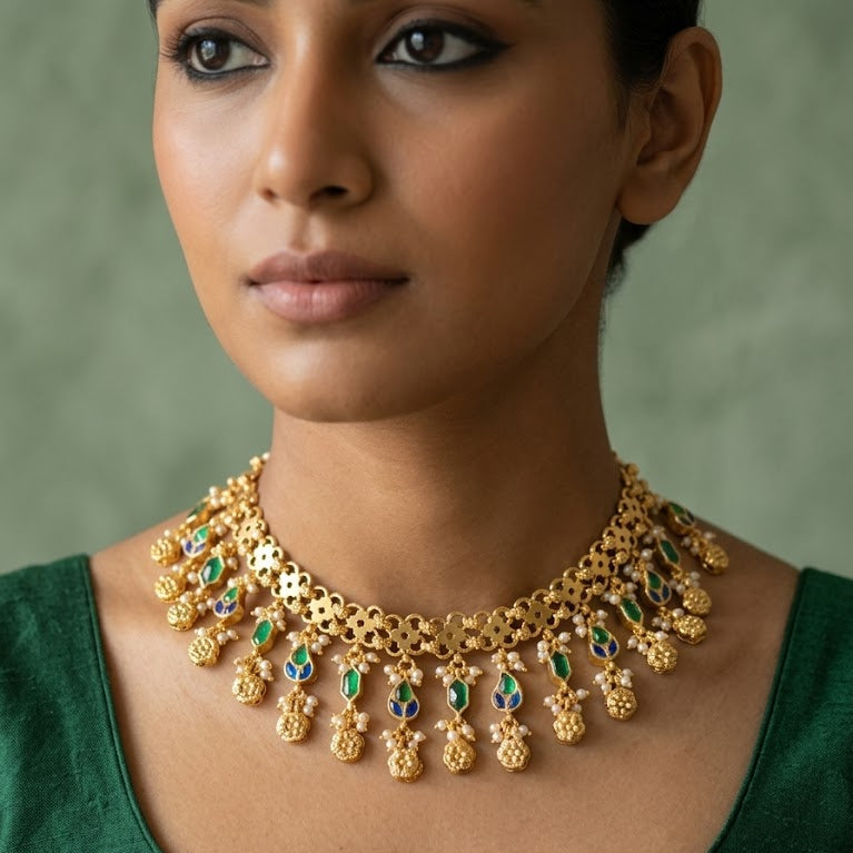 Antique Gold Floral Link Necklace Set | Emerald-Sapphire Drop Fringe Necklace