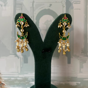 Meenakari chandbali earrings with ruby and green enamel lotus top, green crescent and pearl ghungroo fringe