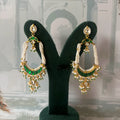 Emerald chandbali earrings with kundan stud, triple seed pearl strands and green crescent with pearl fringe