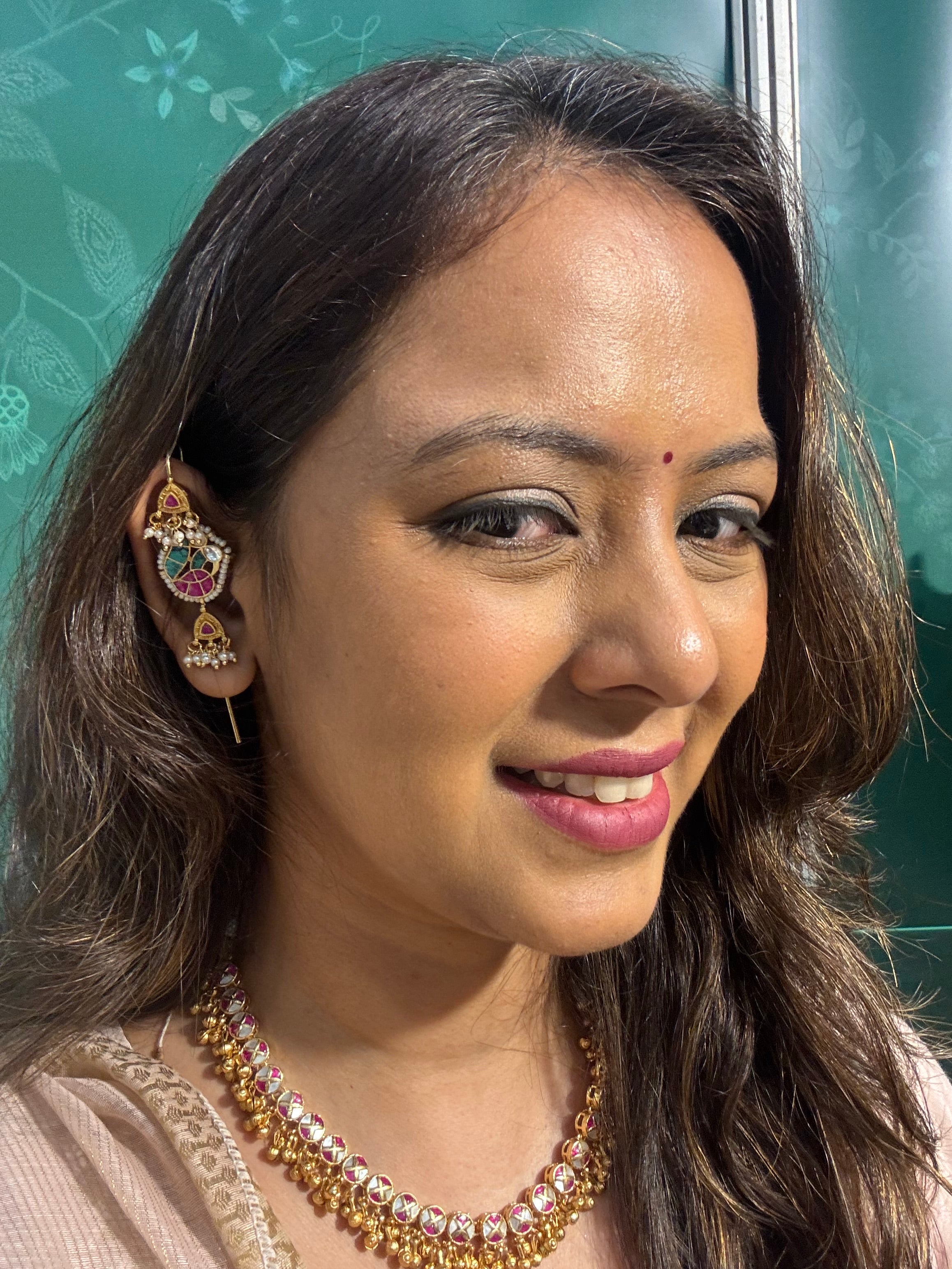 Handcrafted Gold-Plated Ear Cuff with Pearl Beading and Kundan Stone Detail