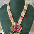 Ruby & Green Jadau Kundan Pearl Haar Set | Medallion Pendant & Jhumkas
