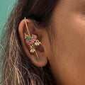 Pink and Green Peacock Ear Pins | Gold Ear Cuff with Seed Pearl Drops