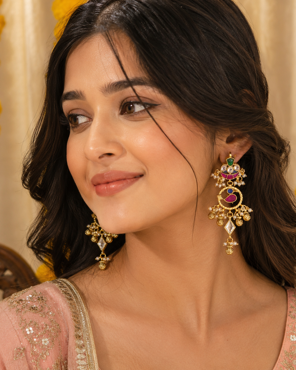 Multicolour Kundan Statement Earrings | Ruby, Emerald & Sapphire-Inspired Stones with Pearl Drops