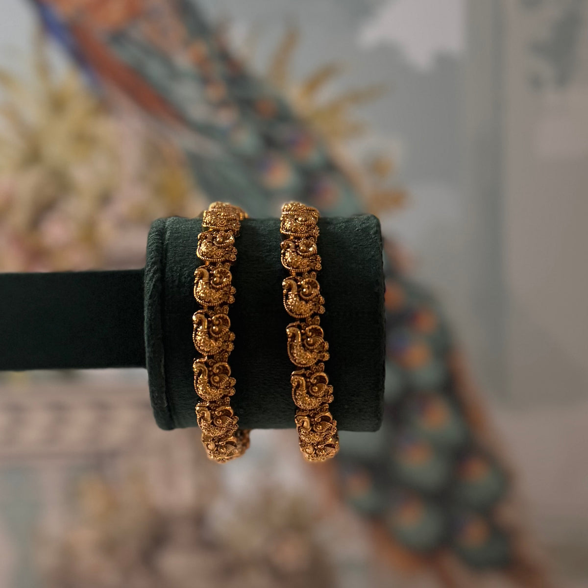 Antique Gold Carved Temple Bangles | Set of Two with Repeating Motifs