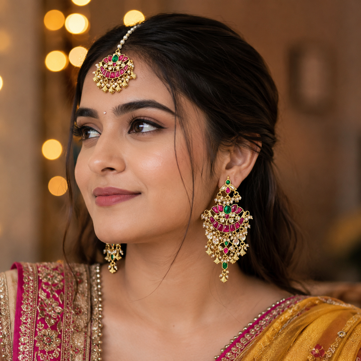 Ruby, Emerald & Pearl Earrings with Maang Tikka Set | Handcrafted Kundan Chandbali Design