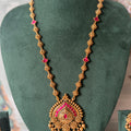Antique Gold Temple Long Necklace Set | Pink Stone Pendant with Earrings