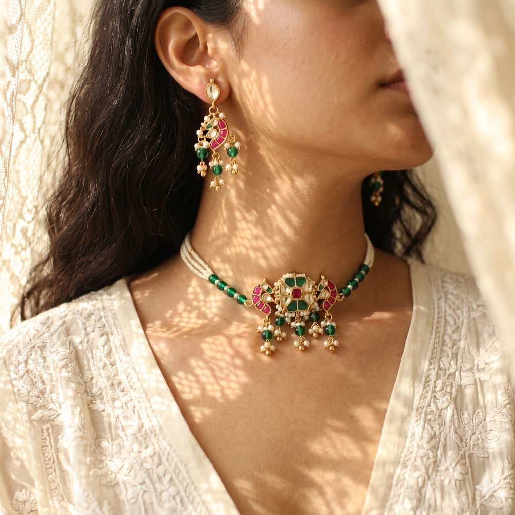 Anaisha Heritage Choker Set — Pearl & Emerald Strand with Kundan Pendant
