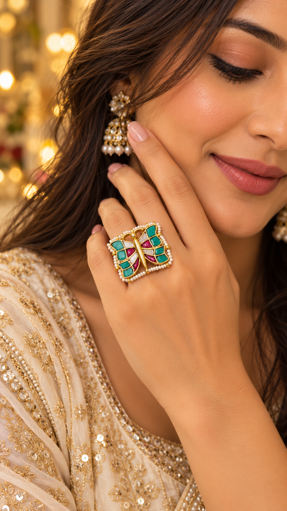 Kundan Butterfly Ring | Square Gold Statement Ring with Pearl Border