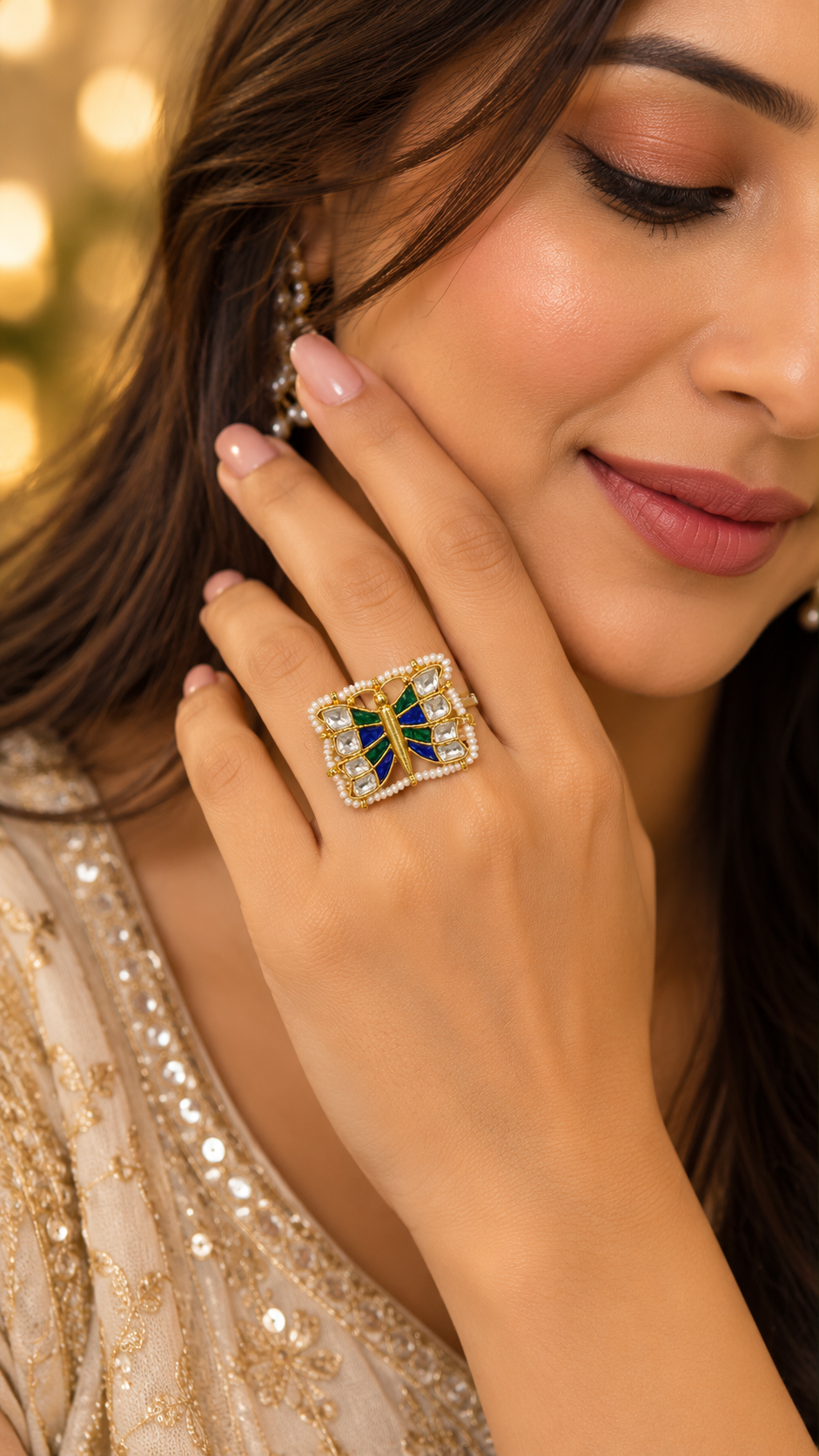 Kundan Butterfly Ring | Square Gold Statement Ring with Pearl Border
