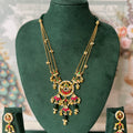 Ruby and emerald kundan necklace set with triple gold chains, pearl-bordered medallion, palmette fan drops and green bead drops with matching earrings