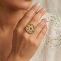 Pink Stone and Pearl Flower Ring | Carved Gold Dome with Pearl Halo